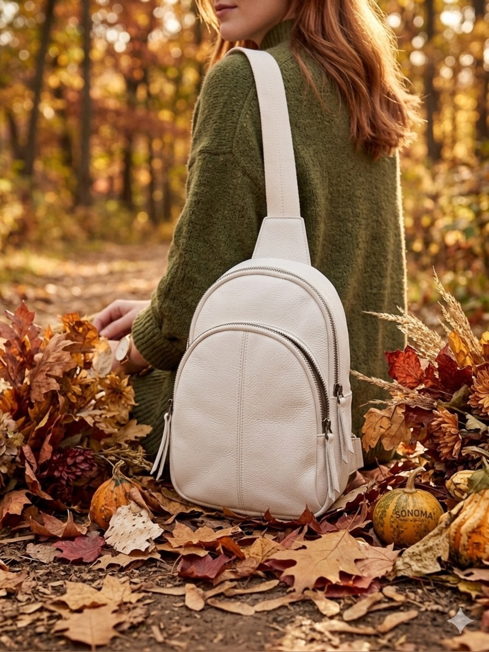 Sonoma Cream Leather Crossbody with Dual Zips
